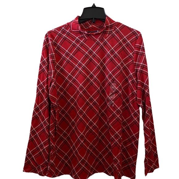 Karen Scott Red Long Sleeve Plaid High Neck Top NWT - Picture 2 of 8